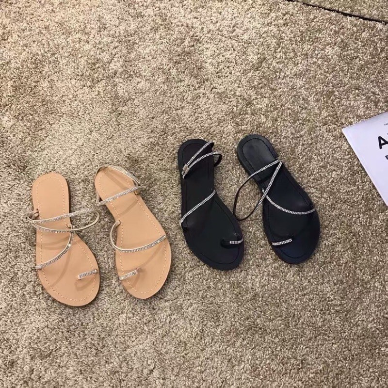 Sandal xỏ ngón quai mảmh đính đá đế bệt