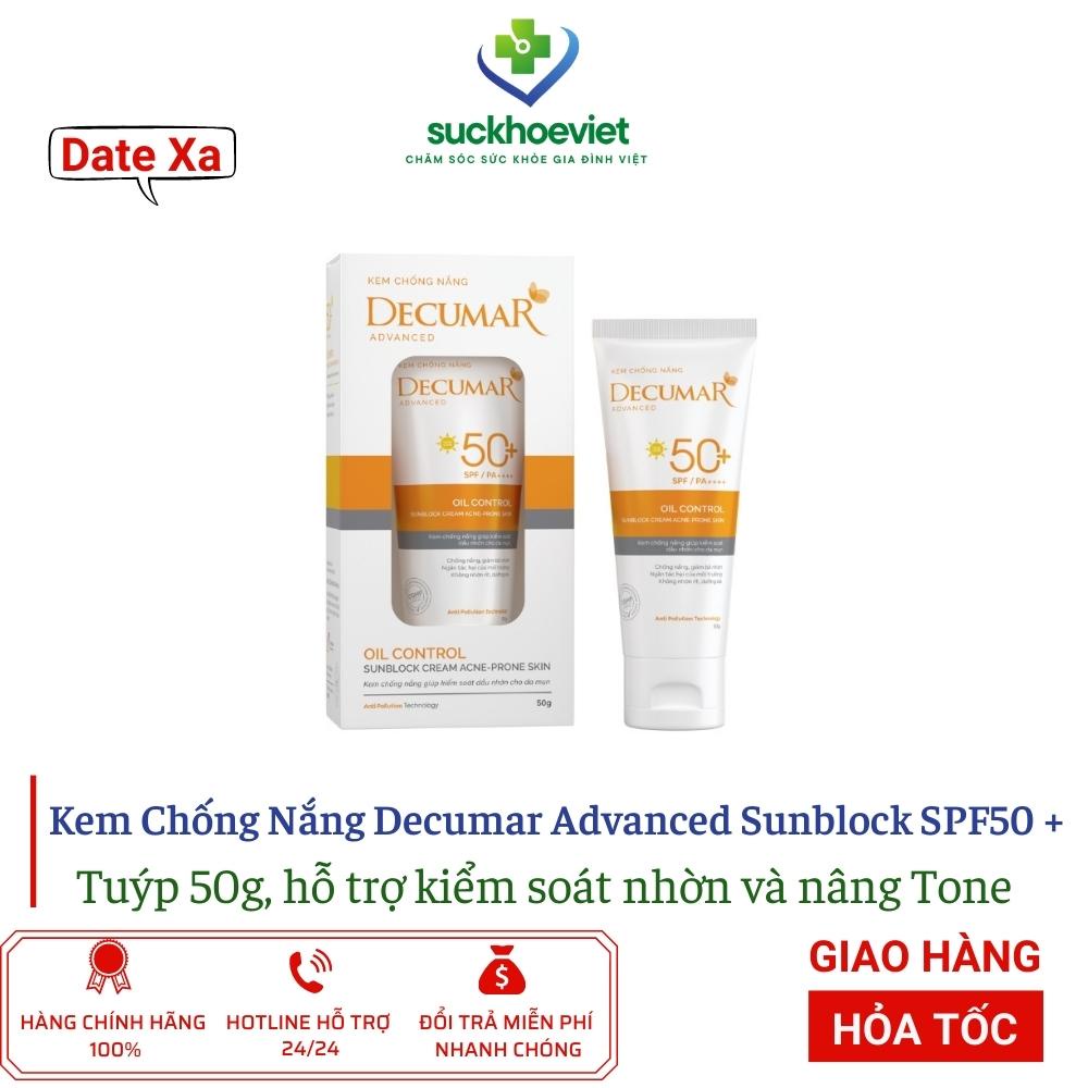 Kem Chống Nắng Decumar Advanced Sunblock SPF50 + kiểm soát nhờn nâng tone cho da mụn 50g