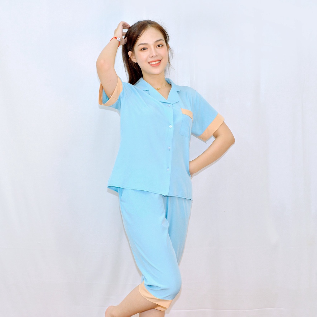 Bộ đồ bộ XANH BIỂN PHA CÀ PHÊ SỮA tay ngắn quần lửng vải lụa cao cấp - Thoải Mái- Nhẹ Nhàng -Co giãn nhẹ