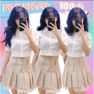 Set Áo croptop sơ mi trắng tay phồng + Chân váy xòe 2 lớp phối ren