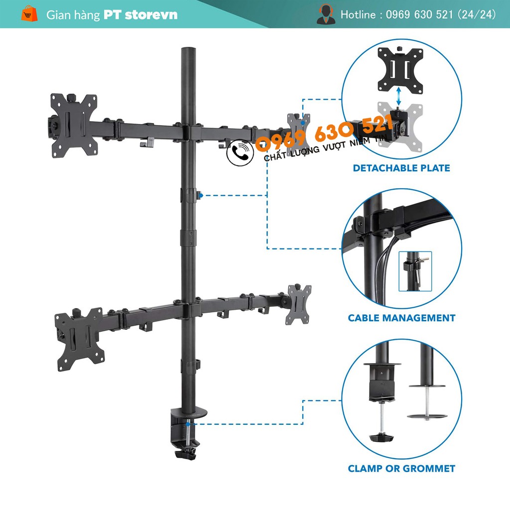 Giá Treo Bốn Màn Hình Máy Tính 17 - 27 Inch - Model: MS054 - Tay Đỡ Màn Hình Xoay 360 Độ - Tải Trọng 8Kg 1Tay