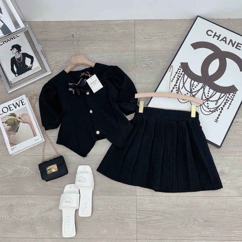 Set Áo kiểu bigsize tay phồng + chân váy xoè sang chảnh