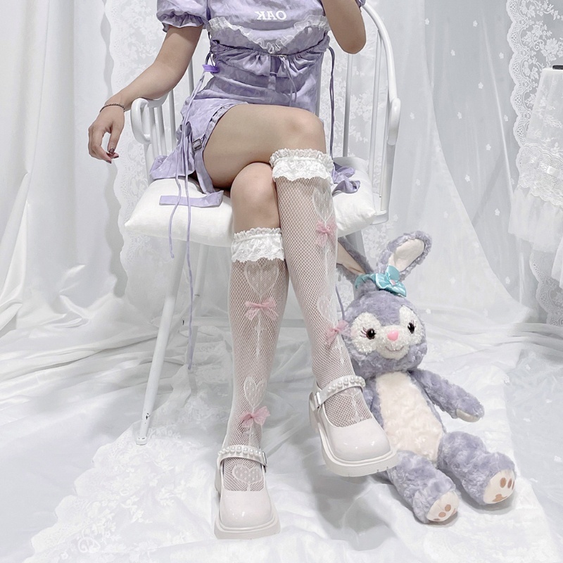 Youyo Vớ Lưới Dài Tới Đầu Gối Phối Ren Rỗng Họa Tiết Kẹo Mút Trái Tim Ngọt Ngào Phong Cách Gothic Punk Dễ Thương Dành