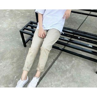 Baggy kaki kem nhạt unisex - Quần light tan ống suông lưng thun
