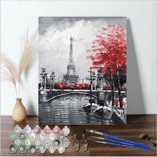 Tranh Tự Tô Số Hóa Hoa Anh Đào Khung Cảnh Tháp Eiffel HH9003 - Tranh Sơn Dầu Tô Màu Số Hóa Có Khung Full Phụ Kiện