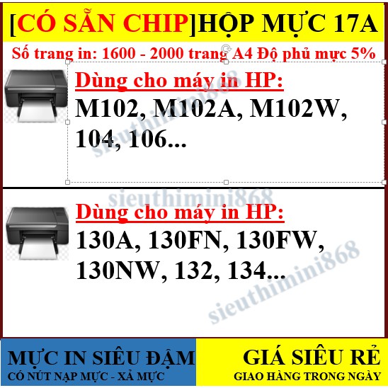 GIAO TRONG NGÀY💥Hộp Mực 17A (Có chip) - HP m102a, m102w, m130a , m130fn, m130fw, m130nw - Cartridge CF217A