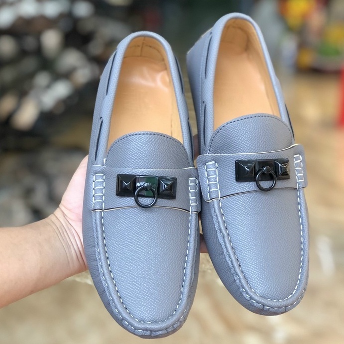 Giày lười da nam Hermest đế âm khâu 4 màu đen, trắng, xanh, xám GL08