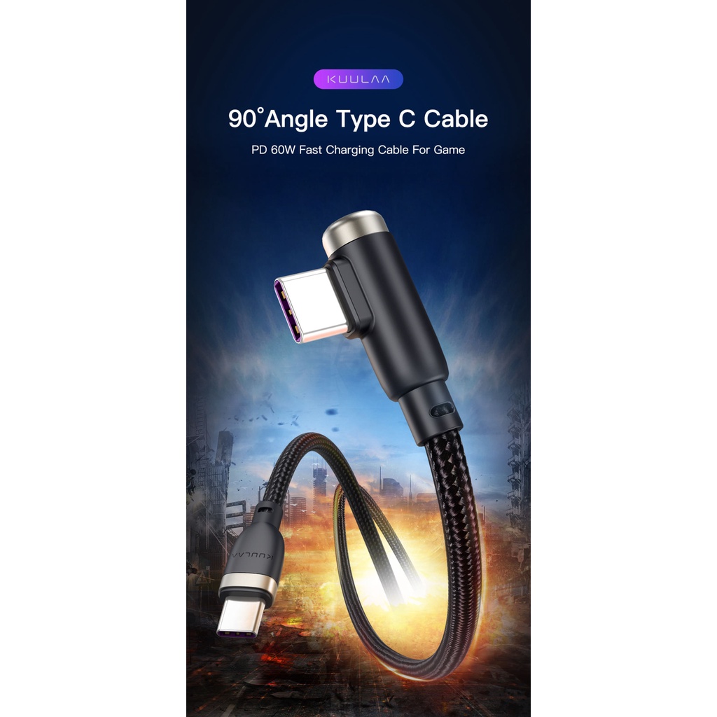 OFF Voucher】KUULAA 90 Degree USB Type C to USB Type C Cable Dây dây sạc QC 3.0 4.0 Quick Charge 60W 