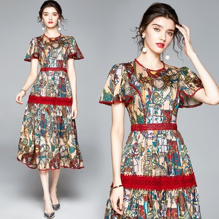 Đầm Midi Tay Ngắn Phối Bèo Hoạ Tiết In Phong Cách Vintage