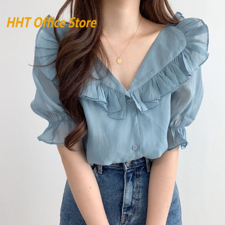 Áo Sơ Mi Chiffon Tay Ngắn Phối Bèo Thoáng Khí Thời Trang Mùa Hè Cho Nữ