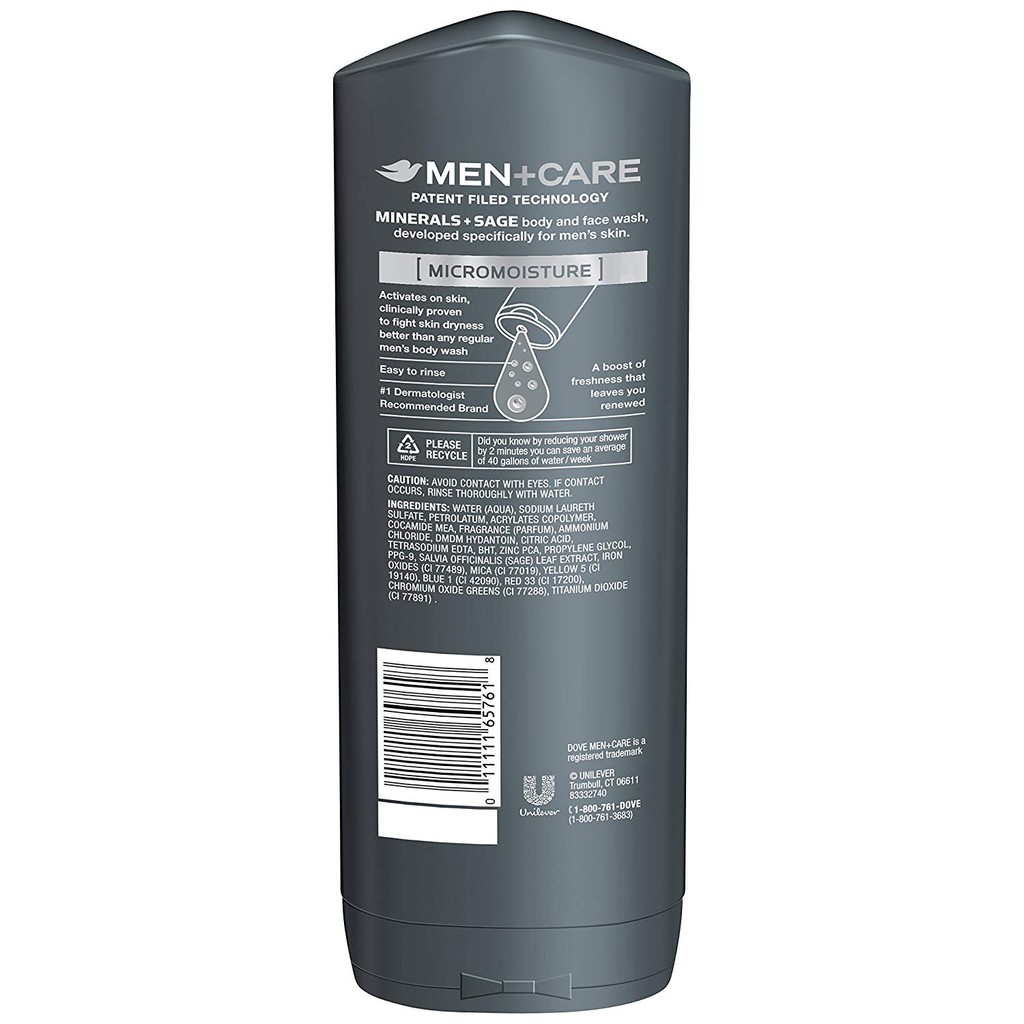 Sữa tắm &amp; rửa mặt 2 trong 1 cho nam Dove Men + Care Elements Body Wash 400ml (Mỹ)
