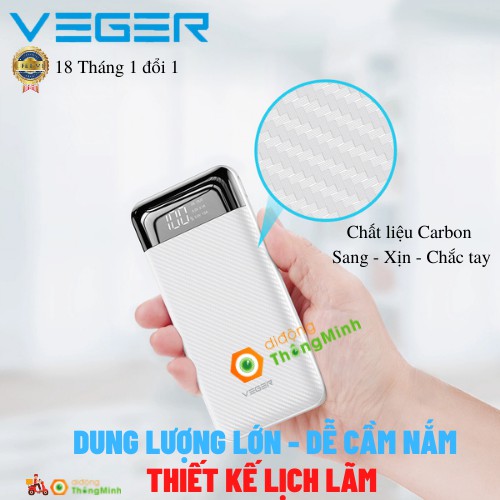 Pin Sạc Dự Phòng Veger VP-2019 20,000mah - Sạc nhanh PD 18W, Quickcharge 3.0 - Vân Carbon lịch lãm