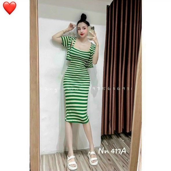 set đầm 2 dây sọc màu sắc kèm áo khoác tay ngắn cùng màu kiểu cực đẹp