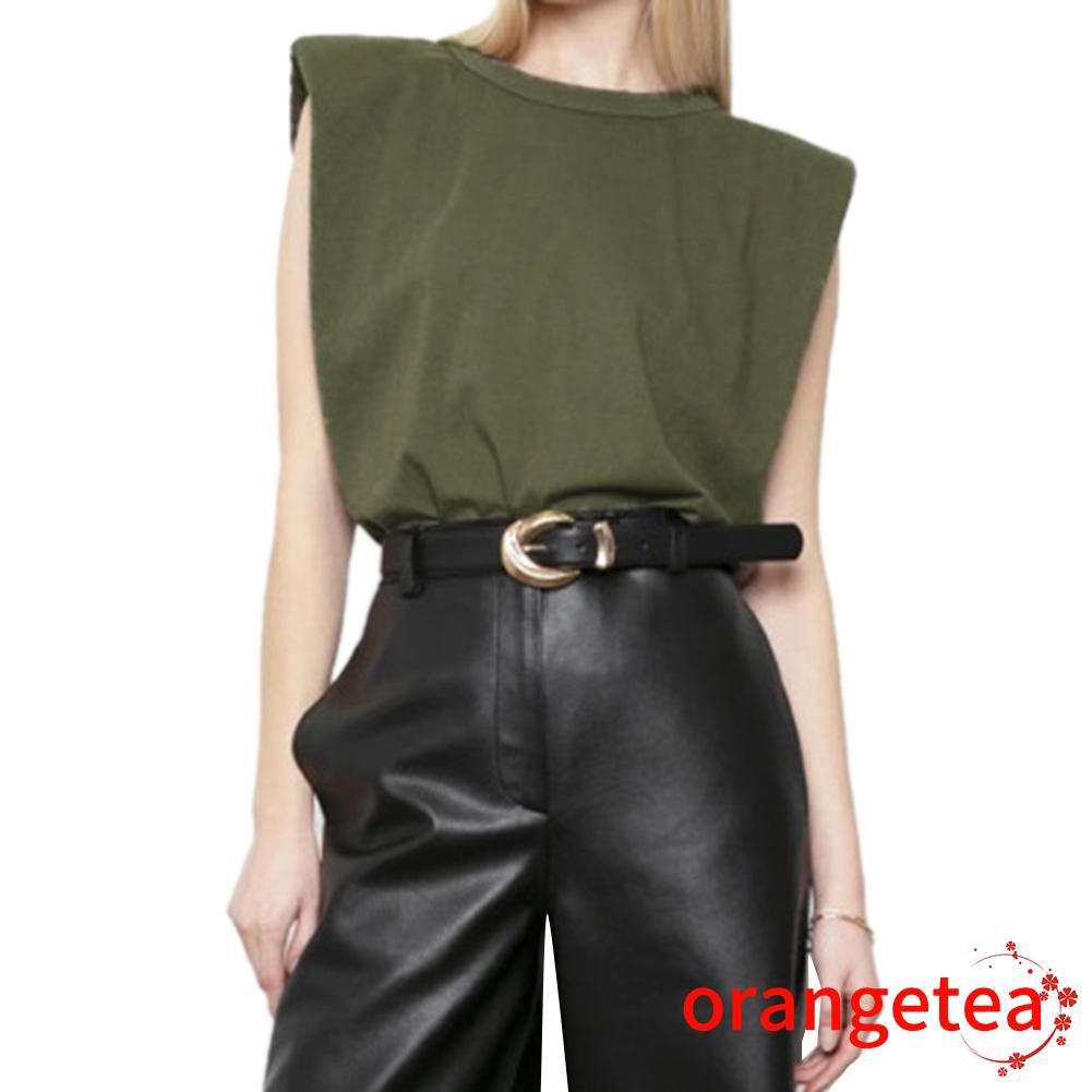 ➤♕❀❤Women Padded Shoulder T-shirts Sleeveless Solid Color Round Neck Top Casual Style Pullover