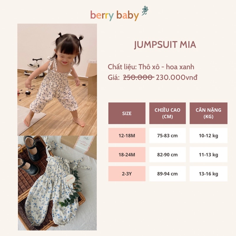 Quần liền thân Jumpsuit Mia cho bé từ 1 tuổi - 3 tuổi BERRY BABY vải thô hoa màu xanh, thoáng mát