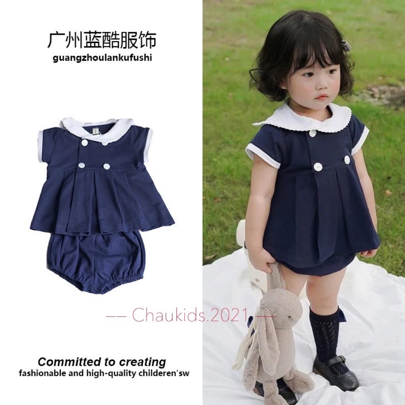 Set bộ chip cổ trắng áo baby doll bé gái