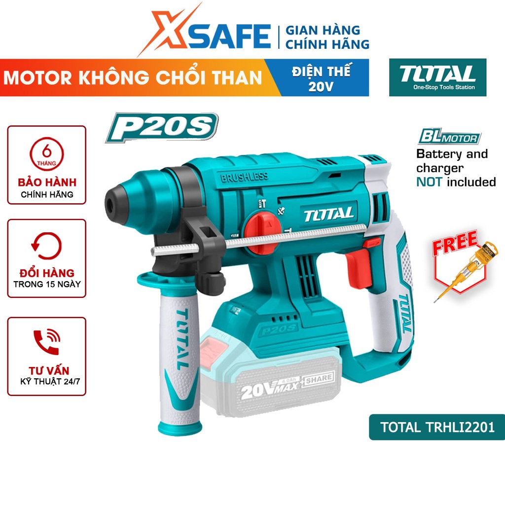 Máy khoan đục dùng pin 20V TOTAL TRHLI2201 motor không chổi than, hệ thống đầu gài SDS plus, không kèm pin sạc - xsafe