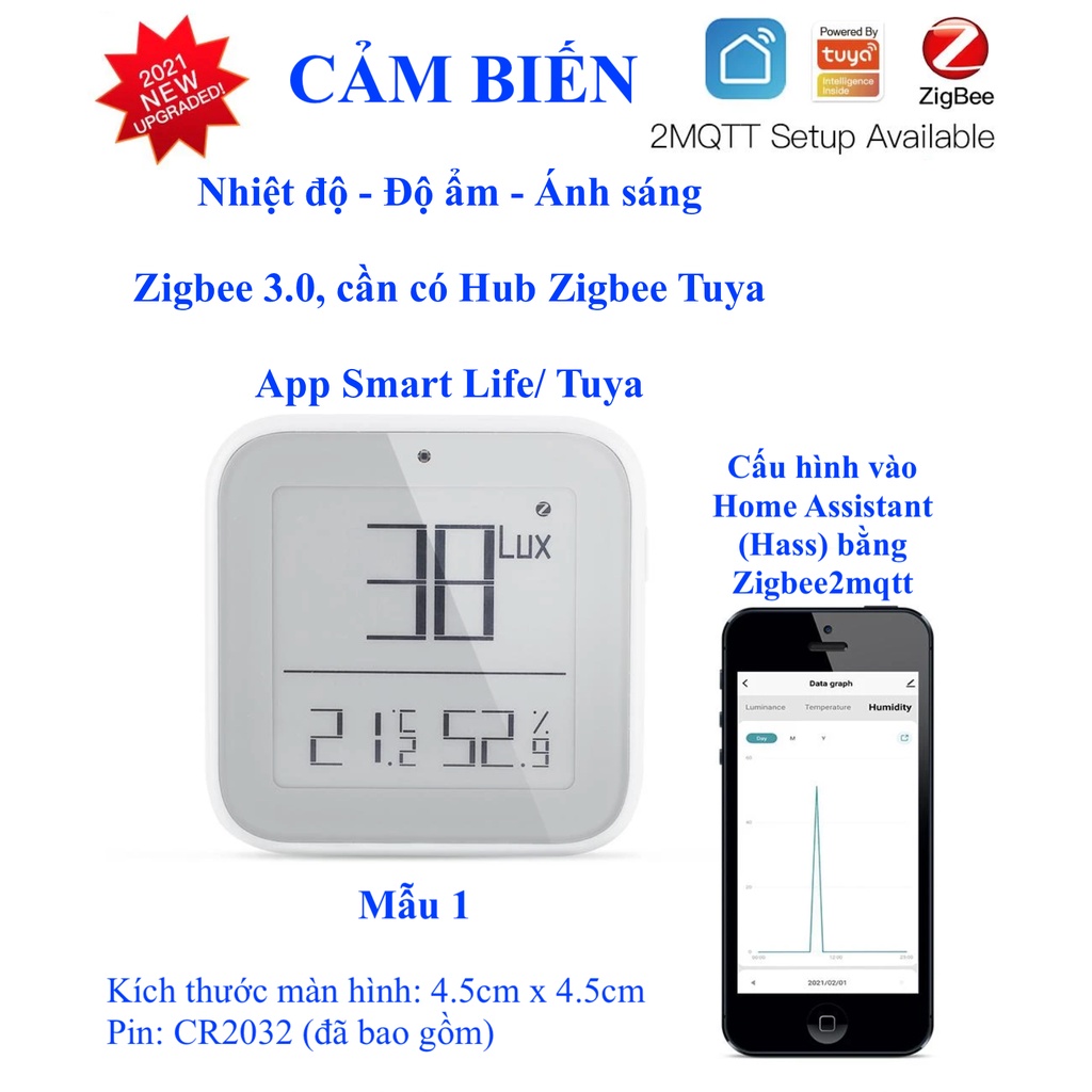 Cảm biến nhiệt độ, độ ẩm thông minh Hệ Tuya, kết nối Zigbee 3.0, App Smart Life/ Tuya/ Home Assistant