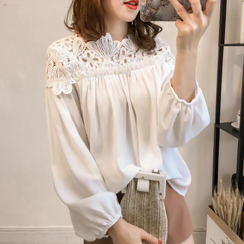 Áo kiểu phối ren tay phồng chất liệu vải chiffon thời trang cho nữ