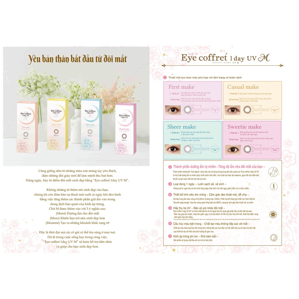 [5 cặp] Kính áp tròng SEED nhật bản Eye Coffret 1 ngày màu Sheer, Sweetie, First, Casual (ĐỘ CẬN -0.00 đến -12.00 độ)