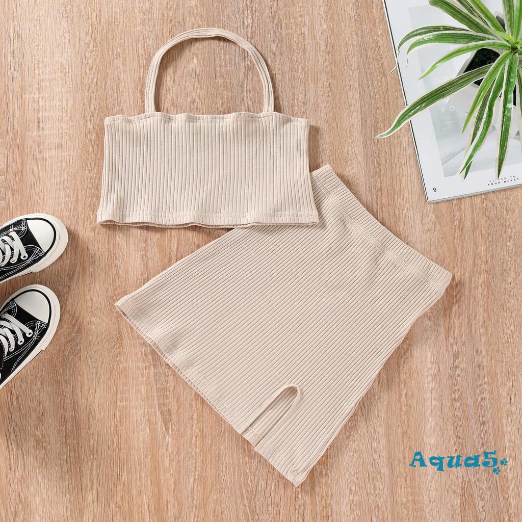 Bộ 2 món áo croptop không tay cổ yếm + chân váy ngắn xẻ tà màu trơn thời trang mùa hè cho bé gái 2-7 tuổi