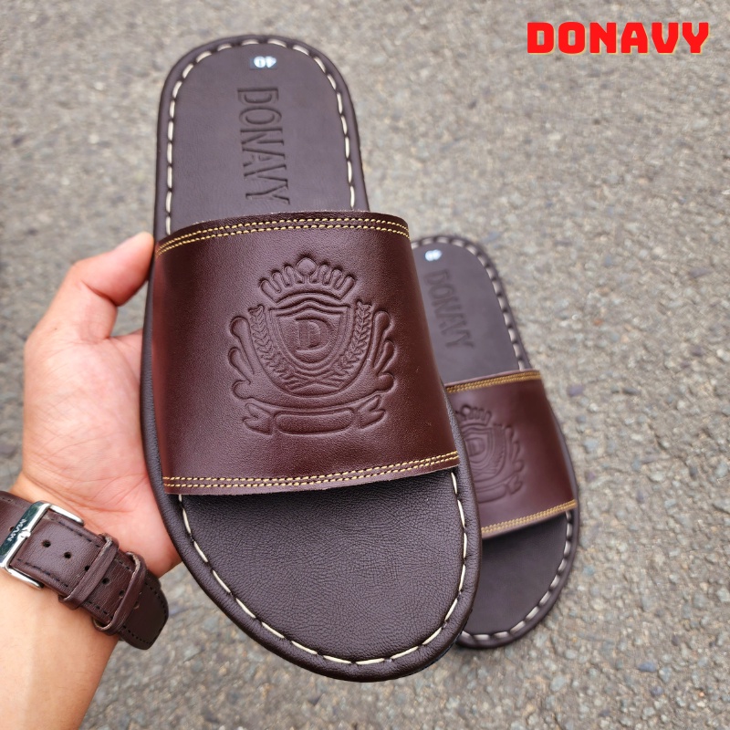 Dép Quai Ngang Nam Da Bò Thật 100%, DONAVYVM Kiểu Quai Vương Miện Cao Cấp, May Quai Full Handmade Chắc Chắn D.QNVM
