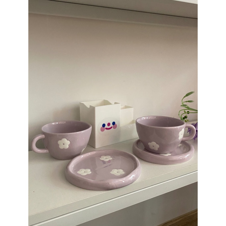 Set Cốc Sứ Uống Cà Phê / Trà / Thức Ăn Họa Tiết Hoa Tím Xinh Xắn