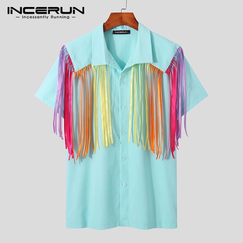 Áo sơ mi INCERUN ngắn tay tua rua nhiều màu thời trang cho nam