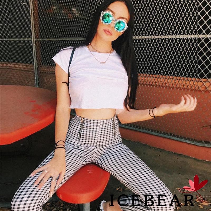 A2R-Fashion Women High Waist Black White Zip-up Plaid Sexy Long Pants Sweatpants