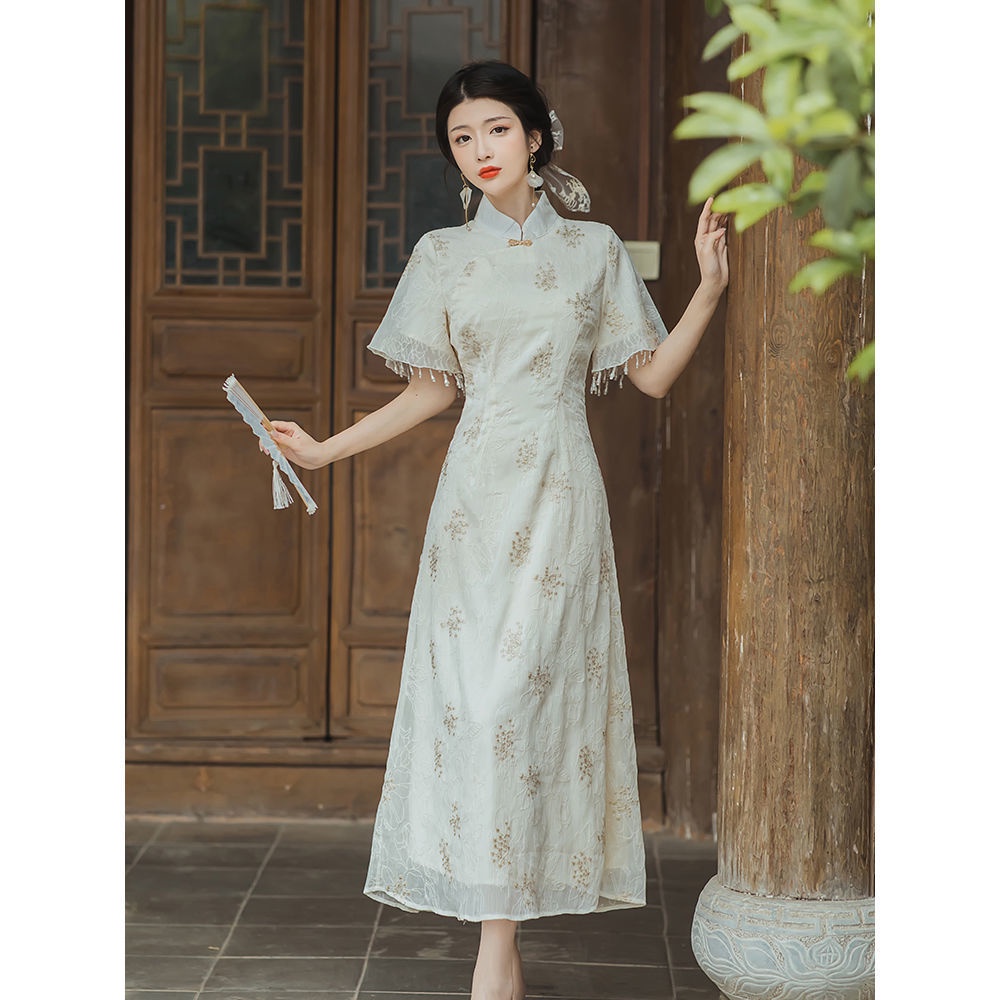 Đầm Sườn Xám Tay Ngắn Dáng Chữ A Họa Tiết Hoa Phong Cách Vintage Thanh Lịch