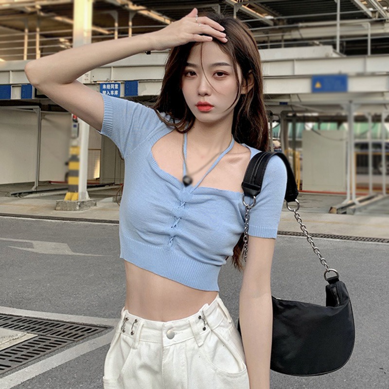 Áo Croptop Dệt Kim Cổ Vuông Màu Sắc Đơn Giản Cho Nữ