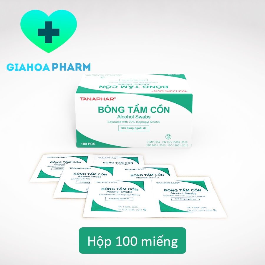 Bông tẩm cồn Tanaphar Hộp 100 miếng - Alcohol swabs, gạc sát trùng da, vệ sinh y tế trước tiêm, làm móng, lau màn hình
