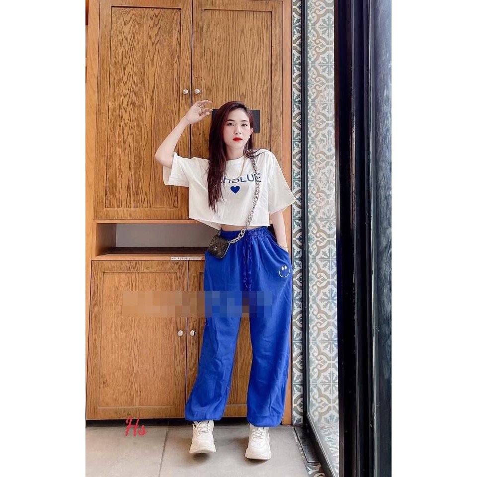 Set Bộ Áo Croptop Trắng Tim Xanh + Quần Unisex X.store Có Ảnh Thật + Đánh Giá