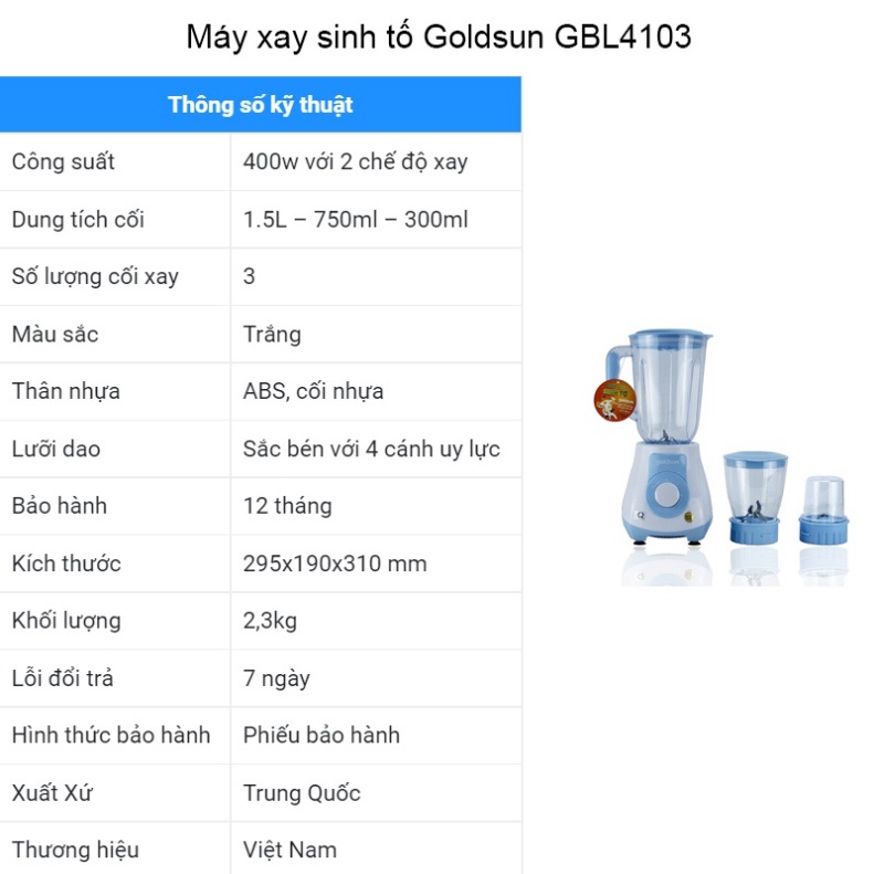 Máy xay sinh tố Goldsun GBL 4103 Tiêu chuẩn EMC Châu Âu, dung tích 1,5L, tự ngắt khi quá tải - Bảo hành 12 tháng