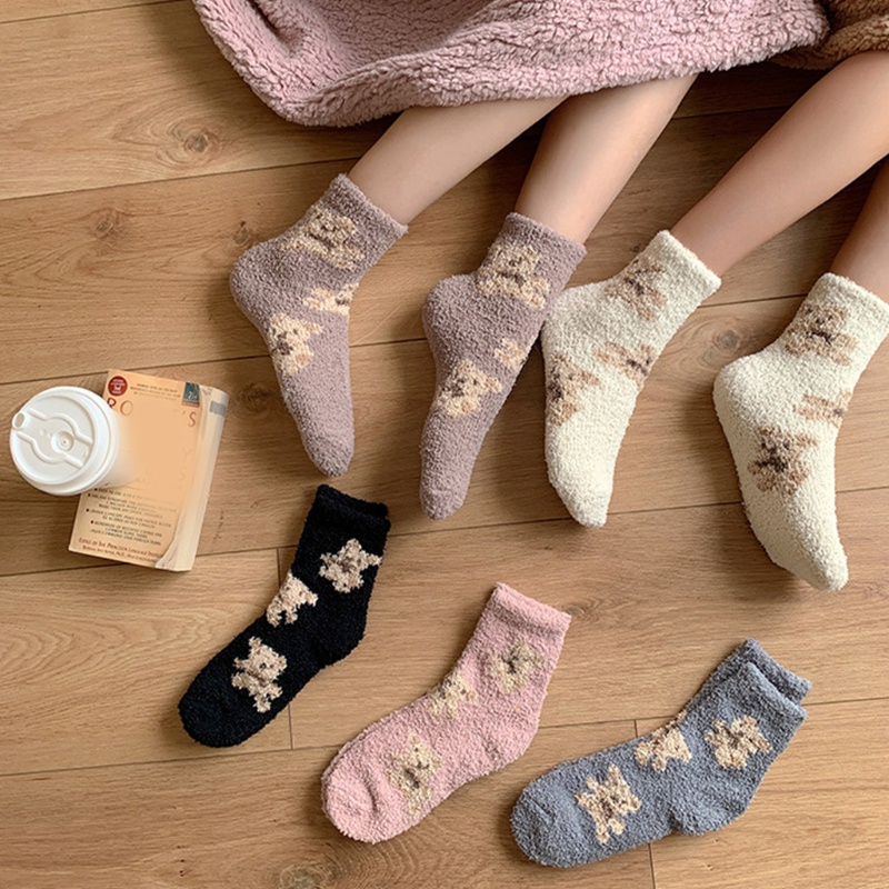 Youyo Vớ Nhung San Hô Dày Dặn Họa Tiết Gấu Hoạt Hình Dễ Thương Giữ Ấm Chân Khi Ngủ Mùa Đông Cho Nữ