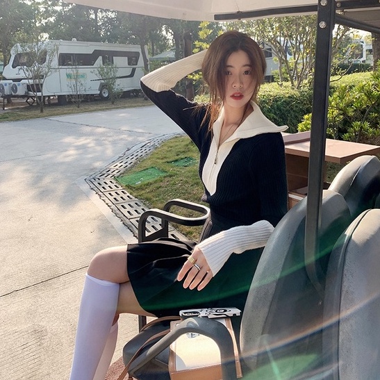 Áo sweater dệt kim ZHELIHANGFEI tay dài cổ polo phối khóa kéo thời trang