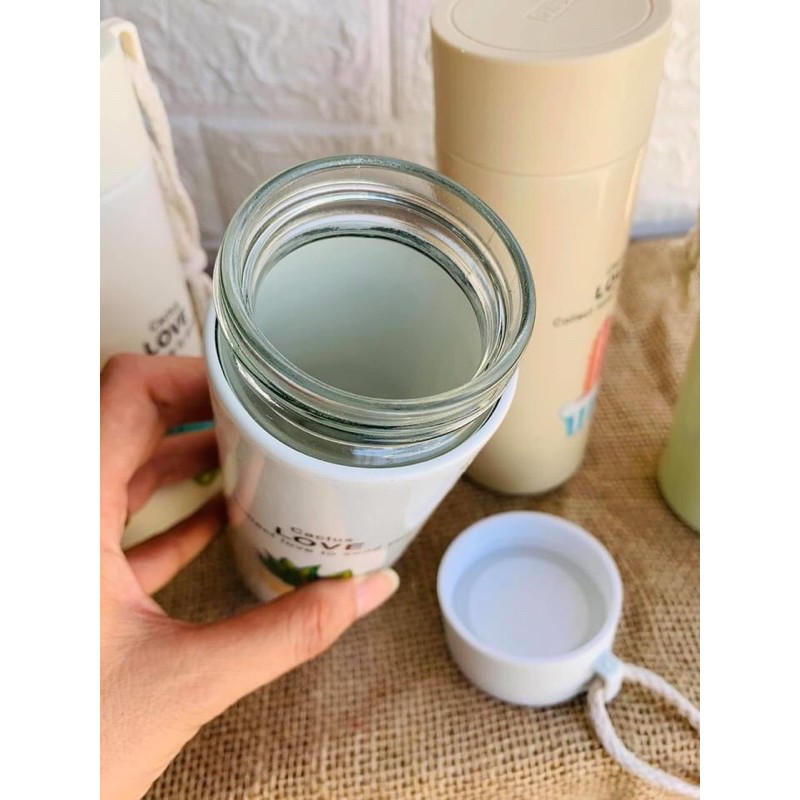 [FREESHIP CÓ CHỌN MÀU] ⭐️ BÌNH NƯỚC XƯƠNG RỒNG LÕI THUỶ TINH 400 ML  CHAI NƯỚC VỎ NHỰA LÚA MẠCH LÕI THUỶ TINH CUTE