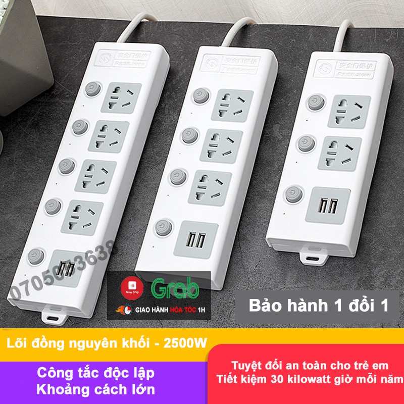 Ổ cắm điện đa năng thông minh 2 cổng USB 5v sạc nhanh, ổ chịu tải 2500W, tiết kiệm 30 kilowatt giờ dây nối 2,5m OCD01