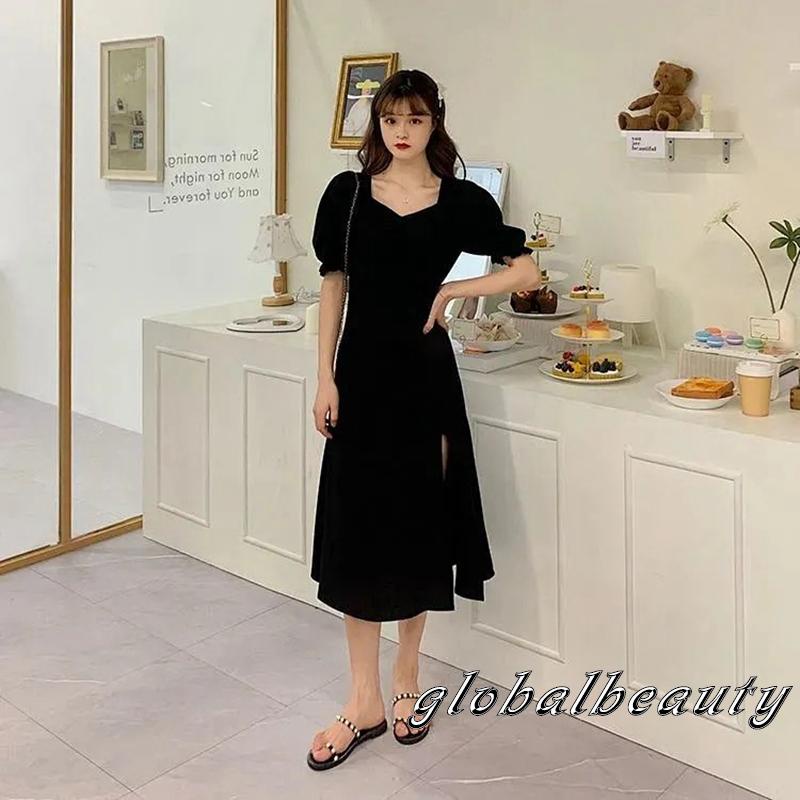 Đầm Chữ A Tay Phồng Ngắn Cổ Chữ V Màu Trơn Thời Trang Mùa Hè Cho Nữ Đen