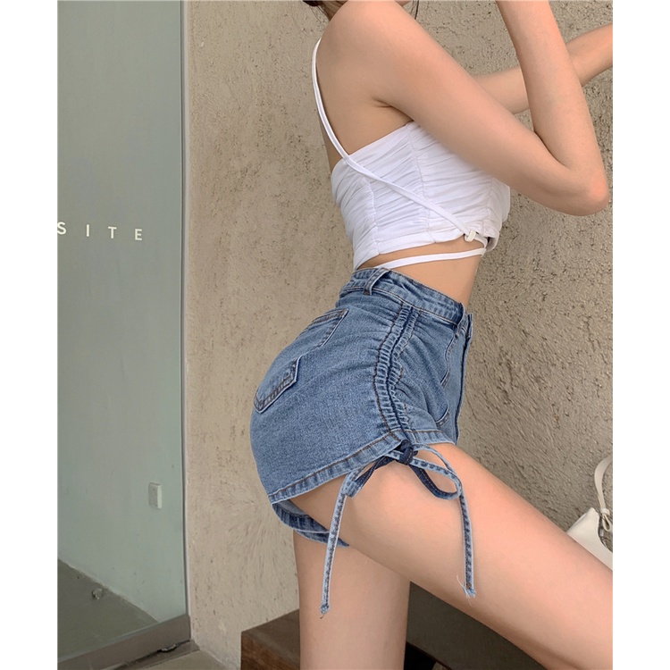 DUNEA Quần short denim lưng cao thắt nơ phong cách đường phố cá tính dành cho nữ