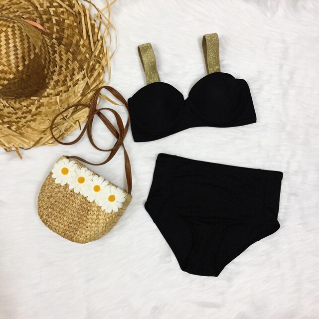 Set bikini đen dây vai ánh kim