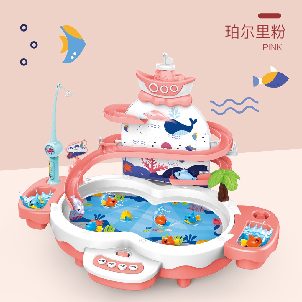 Bộ câu cá có tháp cầu trượt, phát nhạc, sạc pin, đồ chơi phát triển trí tuệ cho bé