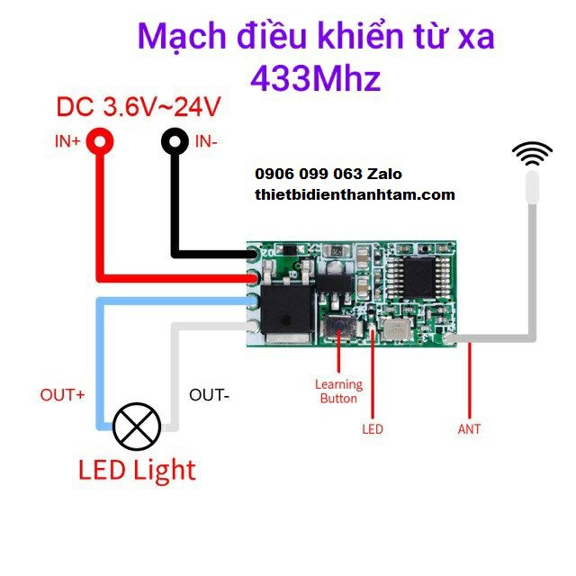 Mạch Thu RF 433MHz Điều Khiển Tắt Mở Led Mini 3.6V ~ 24VDC