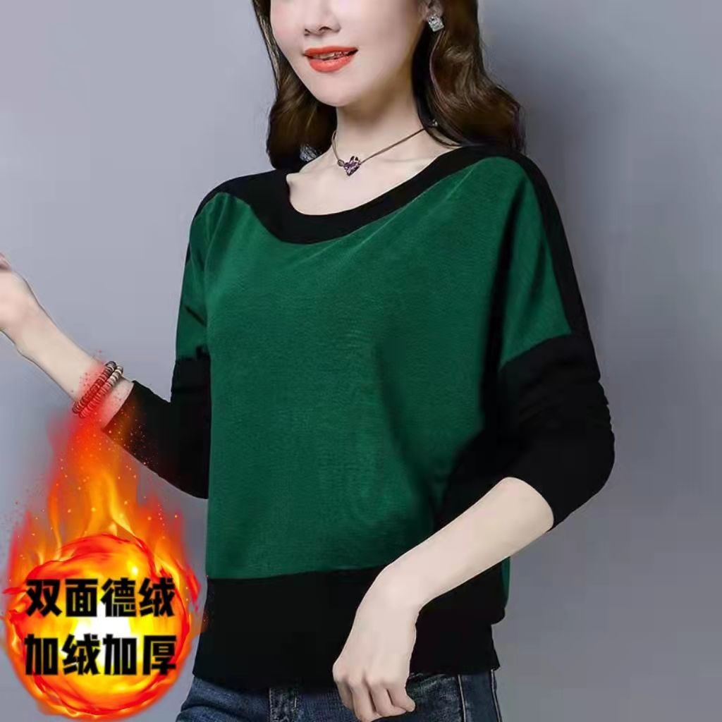 Áo thun tay dài dáng rộng cổ tròn thời trang thu đông cho phụ nữ trung niên