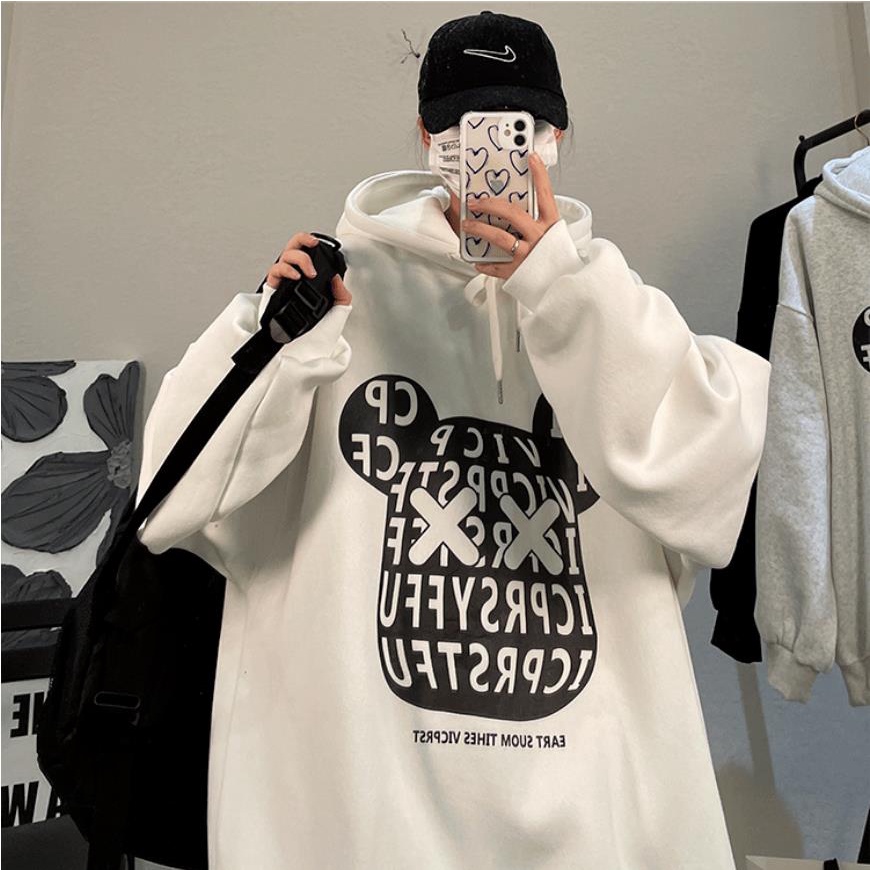 Áo Hoodie Tay Dài Dáng Rộng In Họa Tiết Hoạt Hình Gấu Trắng Đen Thời Trang Cho Nam Và Nữ M-5XL