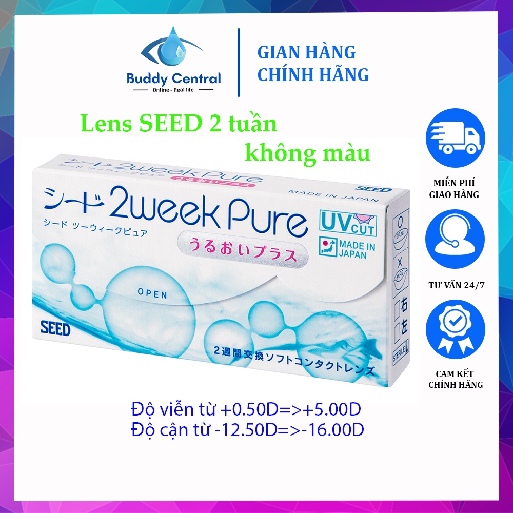 Hộp 6 lens kính áp tròng SEED 2 tuần 2 week Pure không màu độ viễn nhỏ và độ cận lớn từ -12.5 đến -16