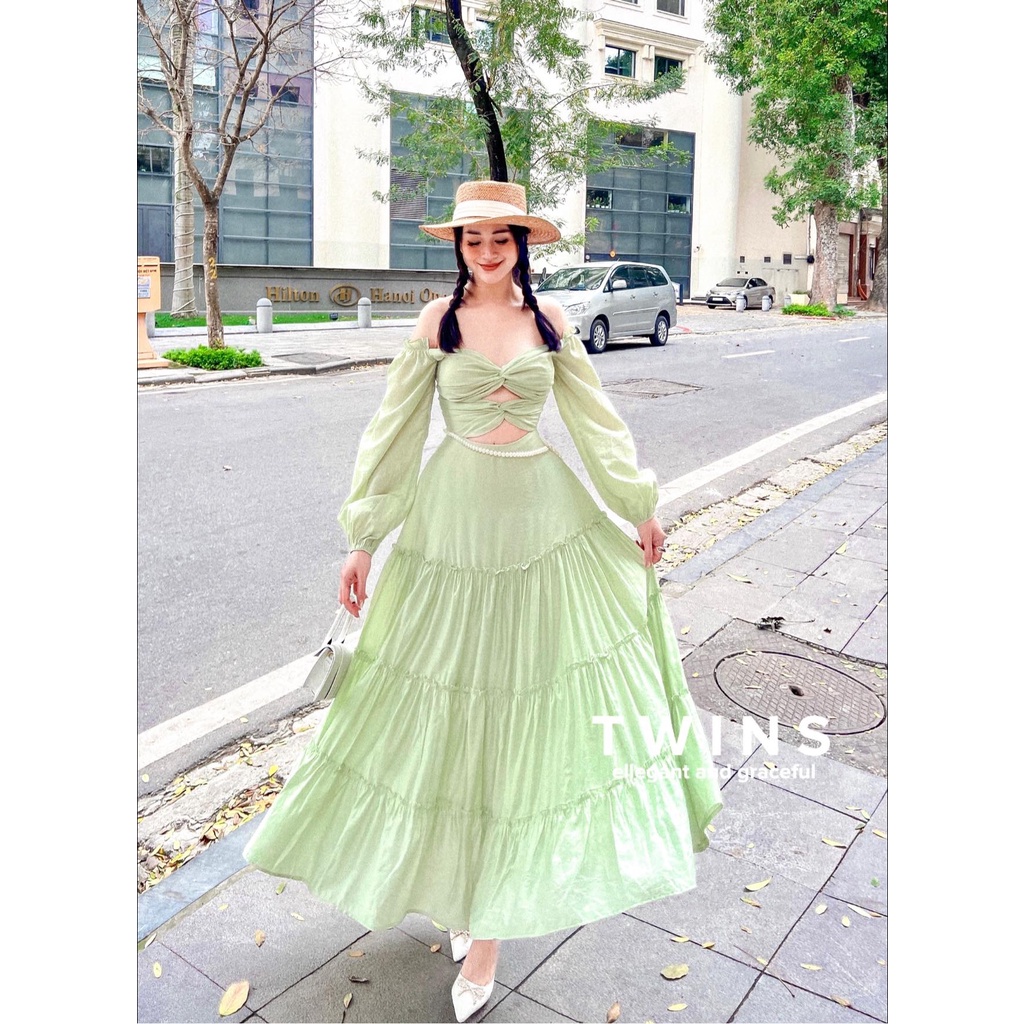 Đầm maxi cắt eo nhiều chi tiết ( Mayamie baby green maxi)
