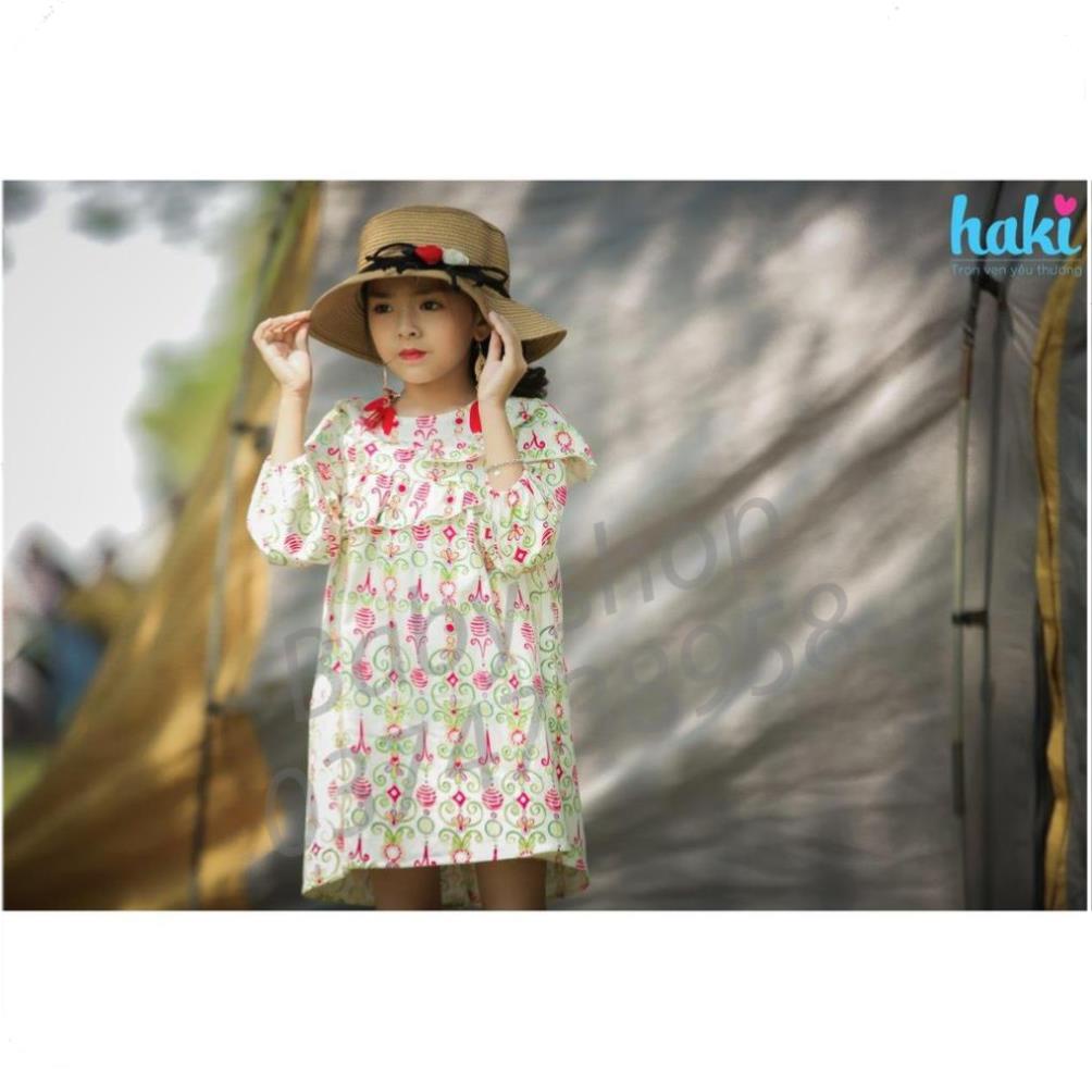 Váy bé gái dài tay Haki thô cào bông bèo lệch hai tầng Hoa dây xanh HK495