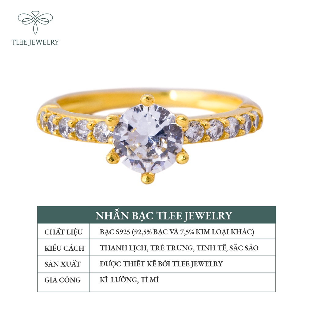 Nhẫn bạc nữ TLEE đá sáu chấu mạ vàng 14k viền bằng sang trọng NCJ A0132