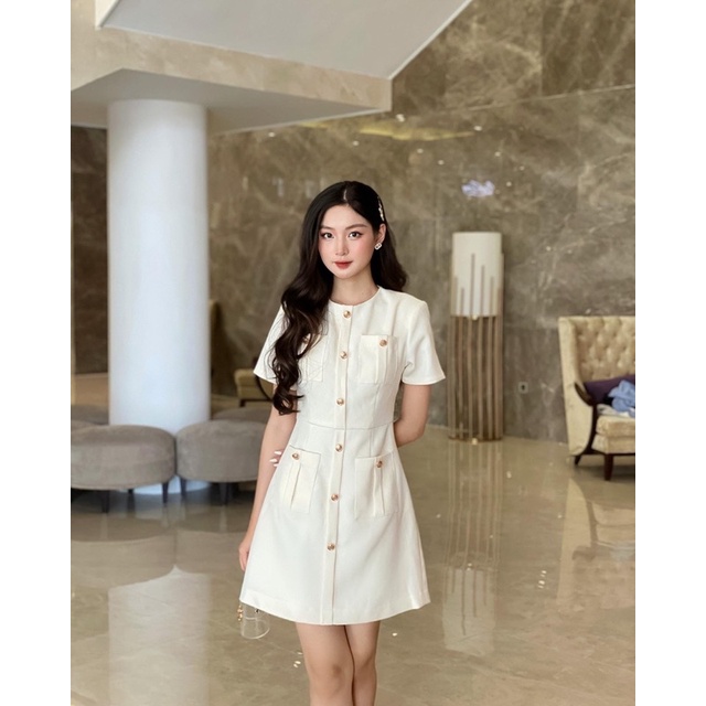 𝐓𝐫𝐚𝐜𝐲 𝐃𝐫𝐞𝐬𝐬 - váy thiết kế dạ tweed tiểu thư sang trọng màu kem